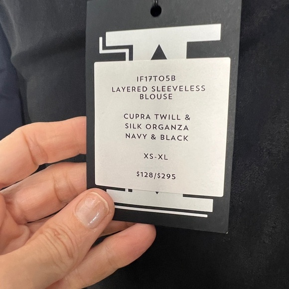 NEW INCLAN Studio Navy Black Cupra Silk Organza Sleeveless Blouse Lagenlook XS - Picture 11 of 12